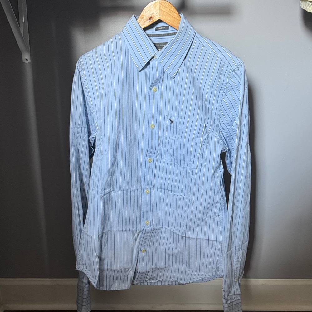Abercrombie & Fitch Men's Blue Striped Button Down Shirt